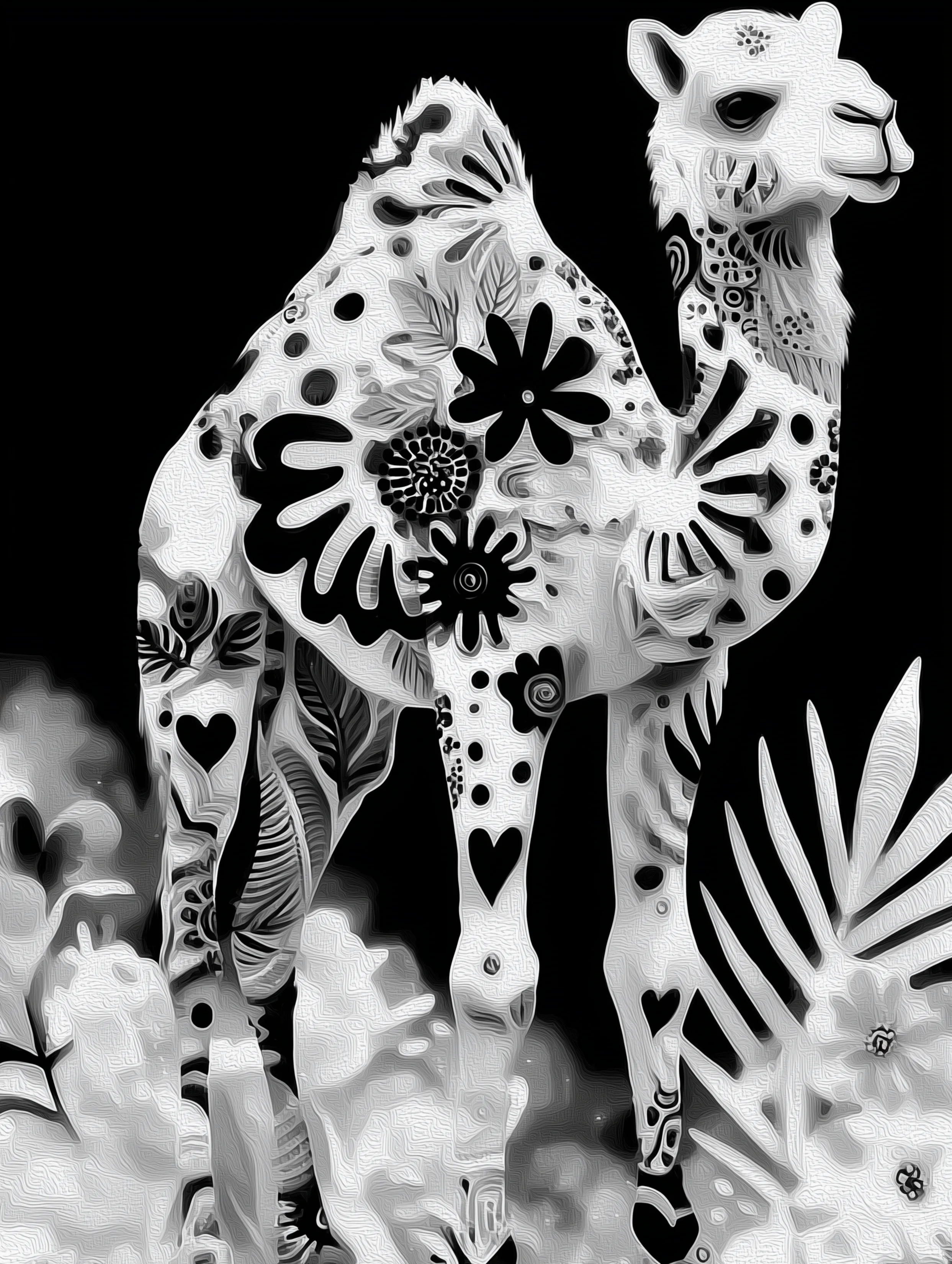 Free printable camel coloring page for adults featuring heart leg camel